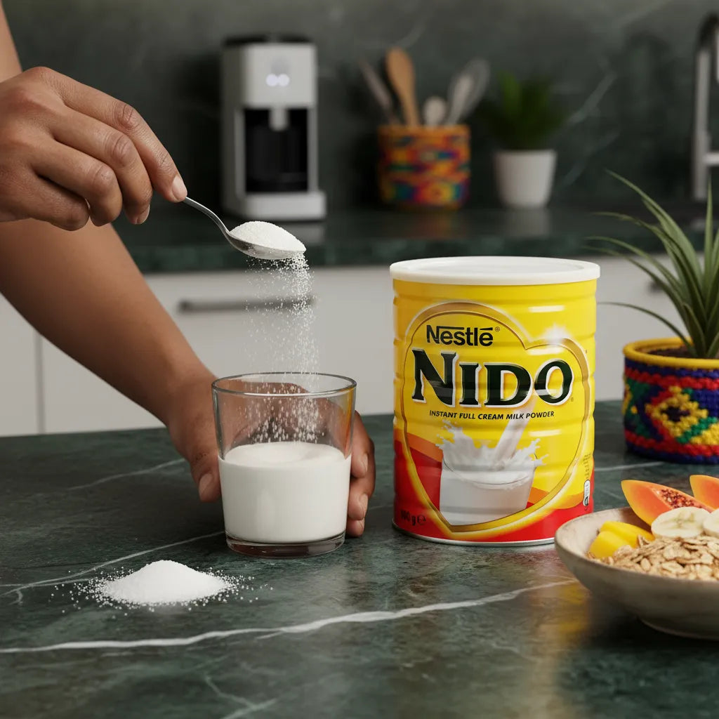 Préparation d’un verre de lait avec le lait en poudre NIDO, source pratique de calcium pour toute la famille en cuisine quotidienne.